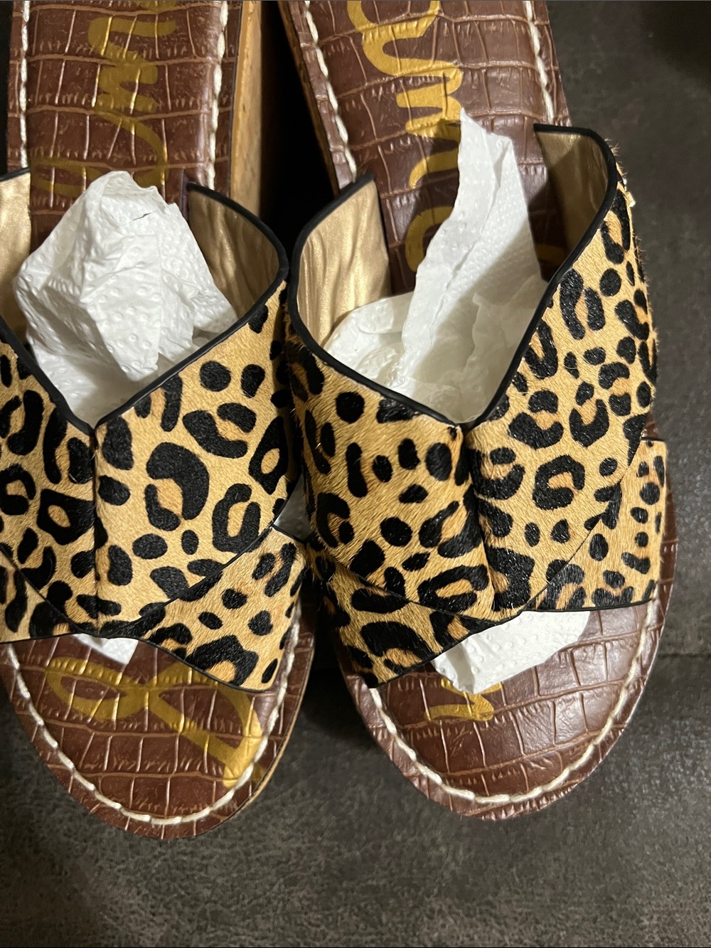 Sam Edelman Leopard Print Leather Slide Platform Mules - Tan & Black - Picture 9 of 9